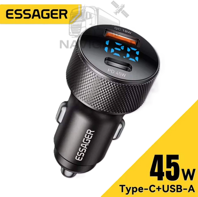 Автомобильное зарядное устройство Essager ES-CC21 45 Вт, USB Type-C, PD+QC, светодиодный дисплей, технология быстрой зарядки