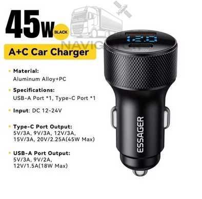 Автомобильное зарядное устройство Essager ES-CC21 45 Вт, USB Type-C, PD+QC, светодиодный дисплей, технология быстрой зарядки